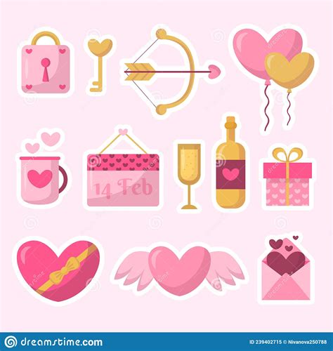 Flat Valentines Day Stickers Set Vector Illustration Stock Vector