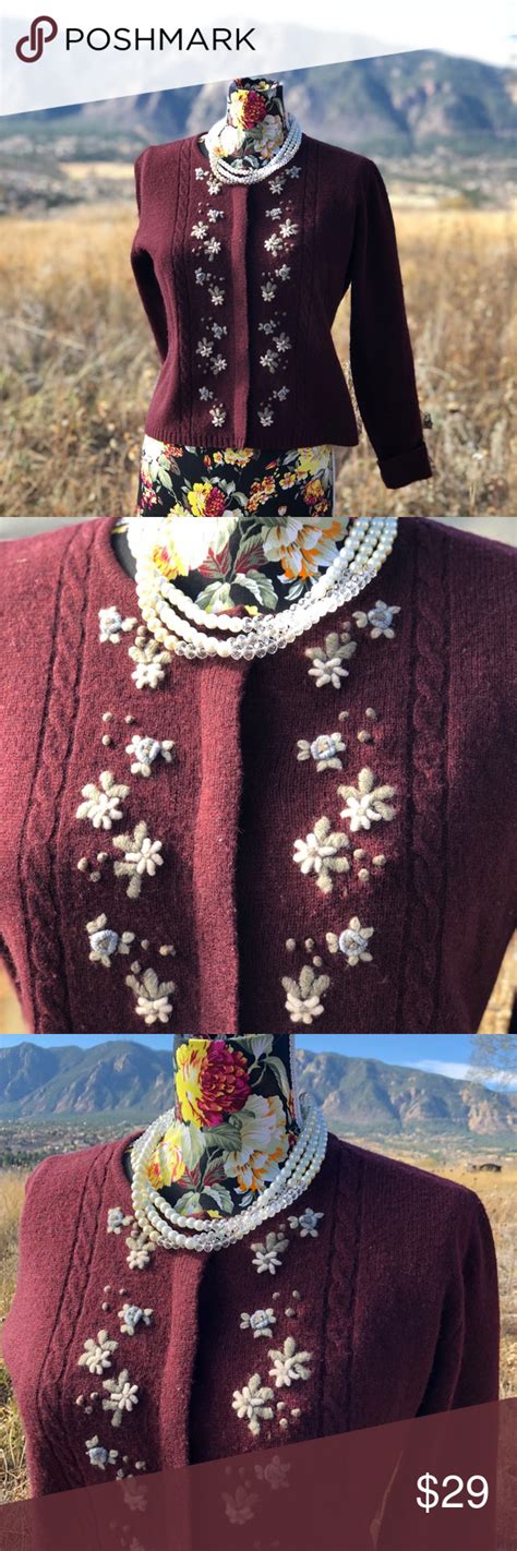 Vintage Eddie Bauer Lambs Wool Cardigan Flower Details