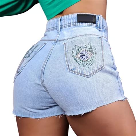 Short Jeans Feminino Rasgado Cintura Alta Brilho Strass Luxo MercadoLivre