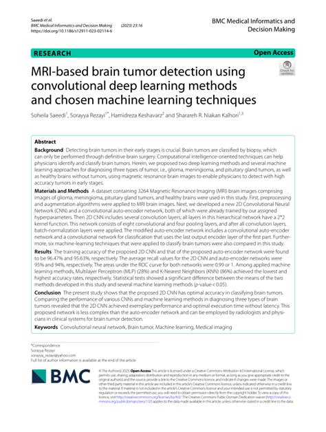 Pdf Mri Based Brain Tumor Detection Using Convolutional Deep Learning Methods And Chosen