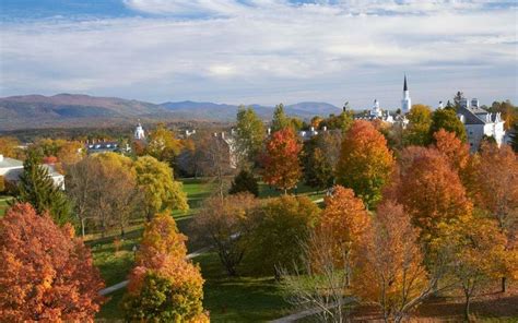 an aerial view of a town surrounded by trees with fall foliage in the ...