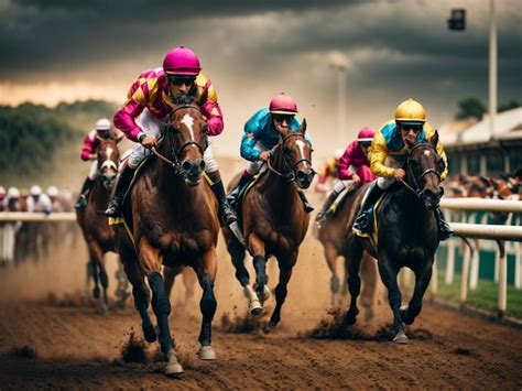 Premium AI Image | Horse racing Jockeys fight to take the lead in the ...