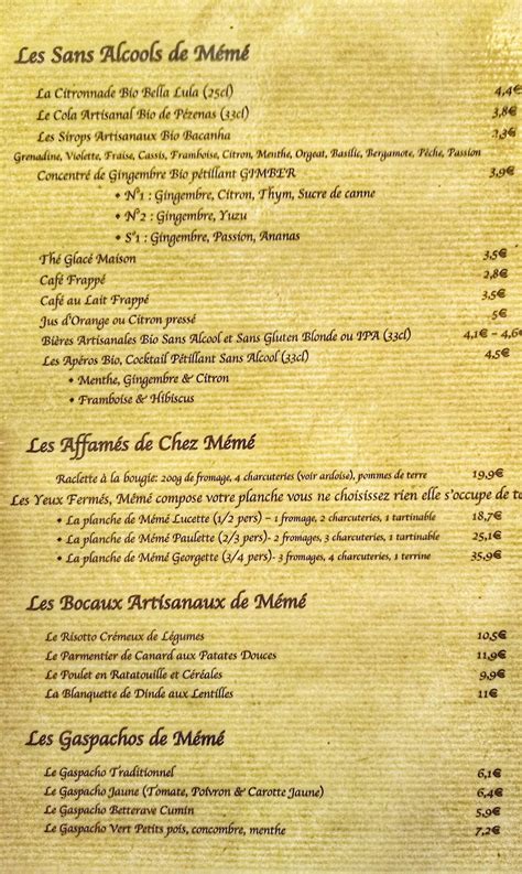 Menu au Pousse Pas Mémé Dans La Vigne pub et bar Montpellier