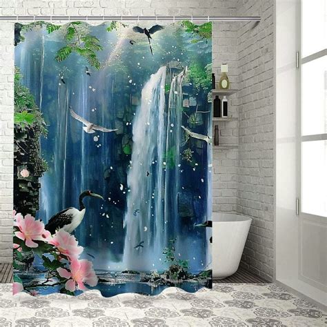 Bciig Forest Waterfall Shower Curtain Rainforest Waterfall Lake Green