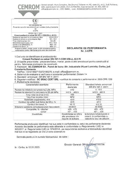 Soceram Ciment Kg Cemrom Cem Ii R Data Impex