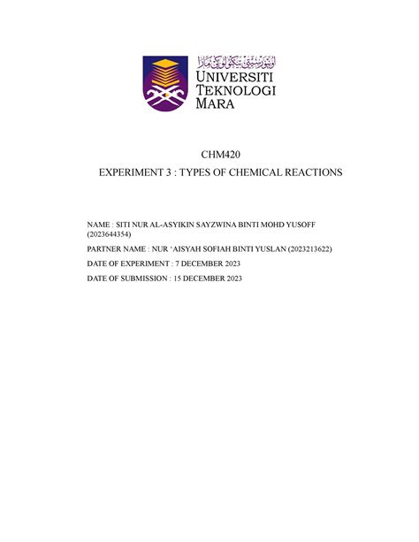 Chm Exp Lab Report Chm Experiment Types Of Chemical