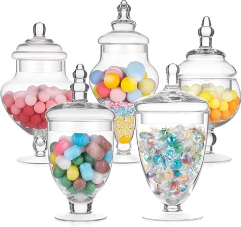 Baderke 5 Pcs Clear Glass Apothecary Jars With Lids Candy Jars Set Wedding Candy