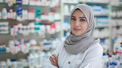 Confident female pharmacist in hijab provides professional healthcare