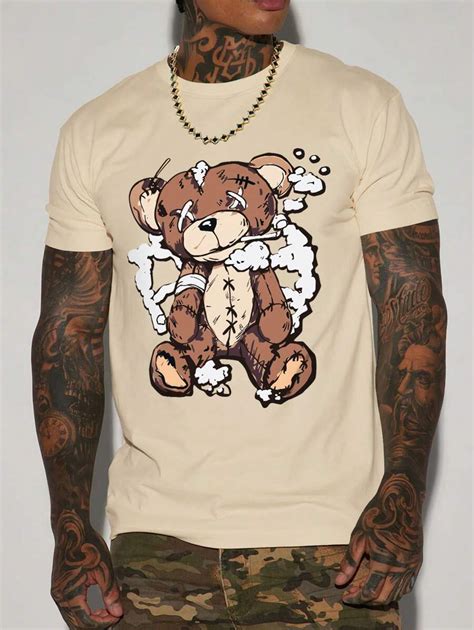 Manfinity Dauomo Men S Bear Print Round Neck Short Sleeve T Shirt