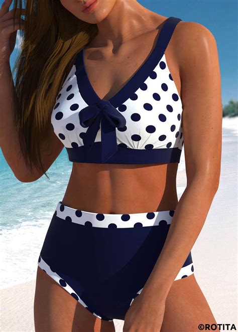ROTITA Bowknot Navy Polka Dot High Waisted Bikini Set Rotita USD 32 98