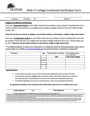 Fillable Online Paloverde College Enrollment Verification Form