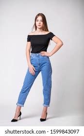 Beautiful Sexy Brunette Woman Blue Jeans Stock Photo