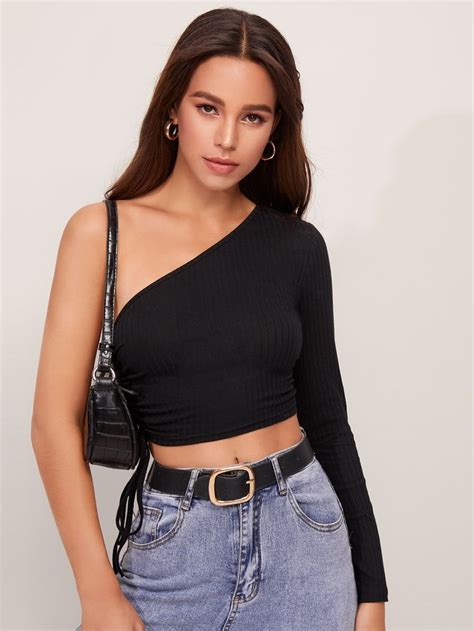 One Shoulder Drawstring Side Crop Top Crop Tops Crop Top Outfits Top Shirt Women