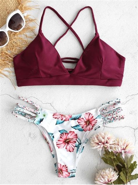 31 OFF 2019 ZAFUL Lace Up Braided Flower Bikini Set In RED WINE M