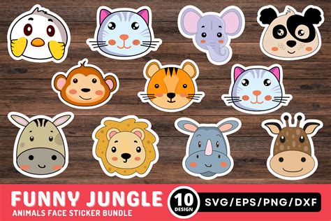 Funny Jungle Animals Faces Sticker Bund Graphic By Regulrcrative