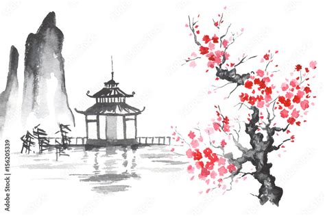 Japan Traditional Japanese Painting Sumi E Art Sakura Temple Stock