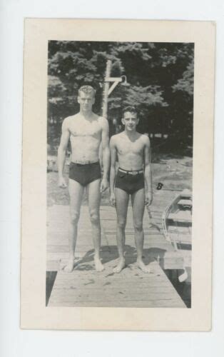 Vintage Photo Two Fun Beefcake Big Bulge Men On Lake Dock Muscles Gay