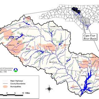 Map of the northern headwaters of the Cape Fear River Basin, showing ...