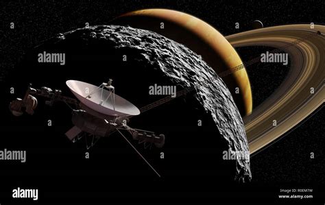 Saturno luna de Saturno y la Sonda Voyager Ilustración 3d los