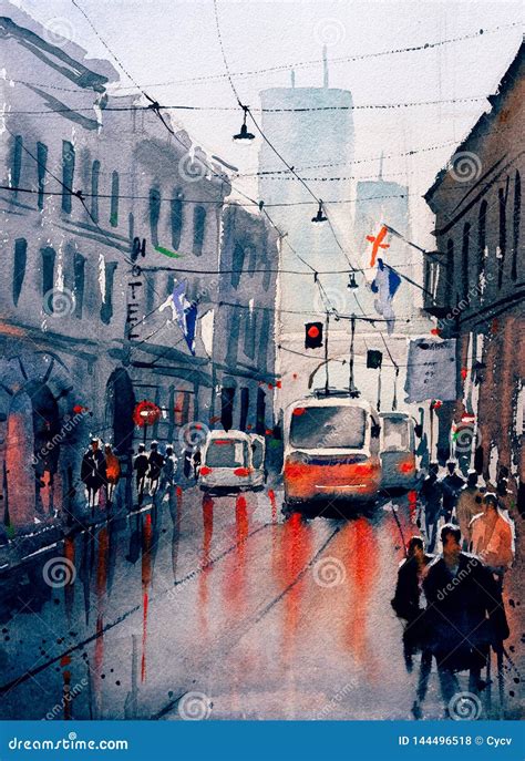 Watercolor Painting - Street View of Paris Stock Illustration ...