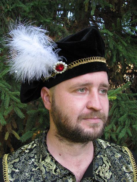 Black Medieval Hat With Feathers And Red Brooch Renaissansse Velvet