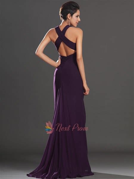 Dark Purple Shirred Waist Chiffon Prom Dress V Neck Sleeveless Chiffon