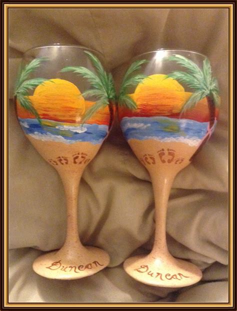 Personalized Beach Scene Wine Glasses Hand Painted Wine Glasses