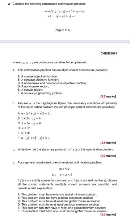 Solved 2 Consider The Following Constrained Optimisation Chegg