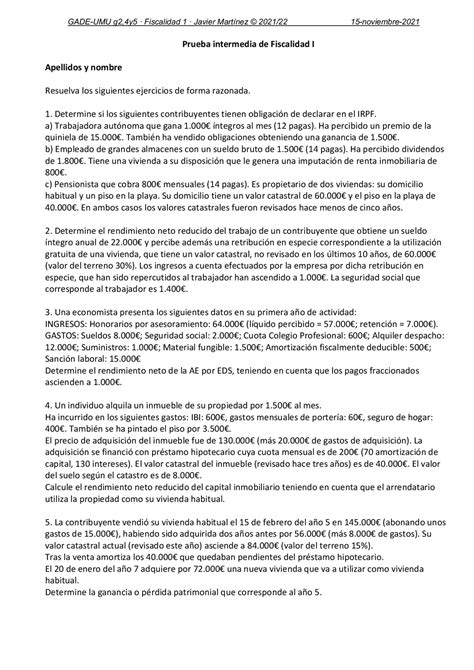 1º Y único Parcial 1511 Exámenes De Fiscalidad Empresarial Docsity