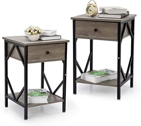 Jaxpety Set Of Industrial Wood Nightstand Accent End Table With