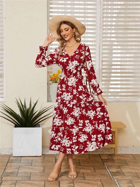 Womens Dresses Floral Print Vacation Long Sleeve Maxi Dress Clothing