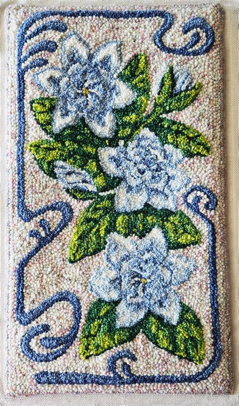 White Gardenia Art Nouveau Floral Punch Needle Rug Hooking Pattern Pre