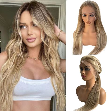 Inch Ombre Blonde Lace Front Wig Human Hair X Straight Platinum Blonde Highlight HD
