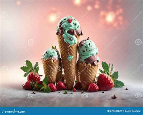 An Isolated Ice Cream Cone Strawberry And Mint Chocolate Chip