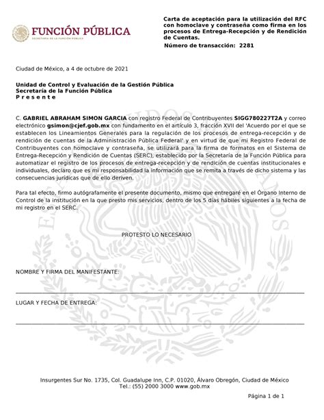 Carta Aceptacion Carta de aceptación para la utilización del RFC con