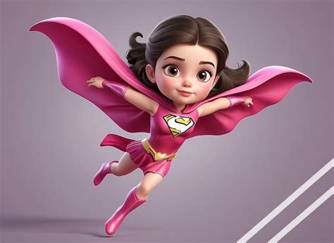 Cute Brunette Girl In Pink Superhero Comics Costume Adorable Kid Character Flying In Superhero