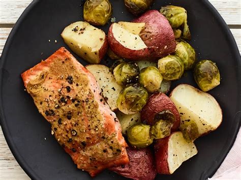 Sheet Pan Maple Mustard Salmon Potatoes And Brussels Sprouts Recipe