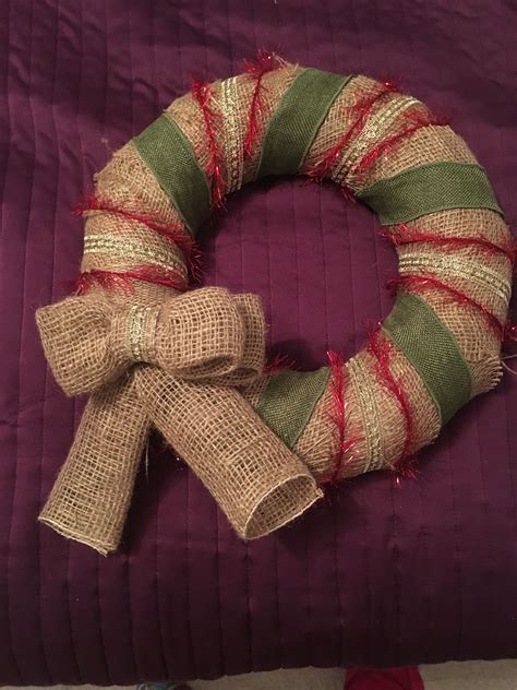 Christmas Wreath Made From Burlap Hessian Sparkly Wool And Ribbon