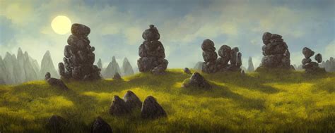 A Meadow Hill Landscape With Tall Stones On The Top Stable Diffusion