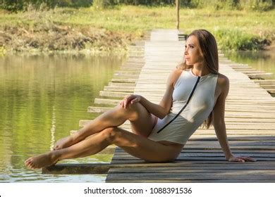 Sexy Posing Brunette Woman White Swimwear Stock Photo 1088391536 Shutterstock