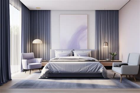 Premium AI Image | Minimal blue violet colors bedroom interior design with bed and modern decoration