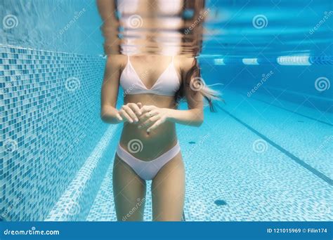 Underwater Woman Portrait With Pink Bikini In Swimming Pool Stock Image