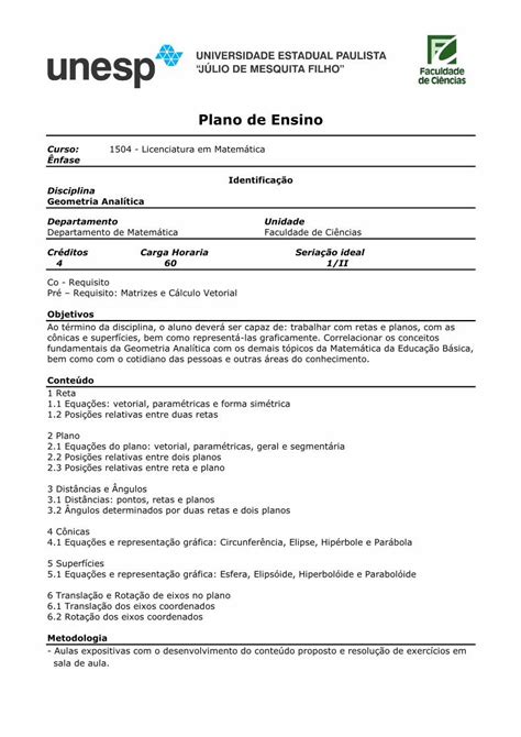 Pdf Plano De Ensino Unesp C Mpus De Bauru Pdf Fileplano De