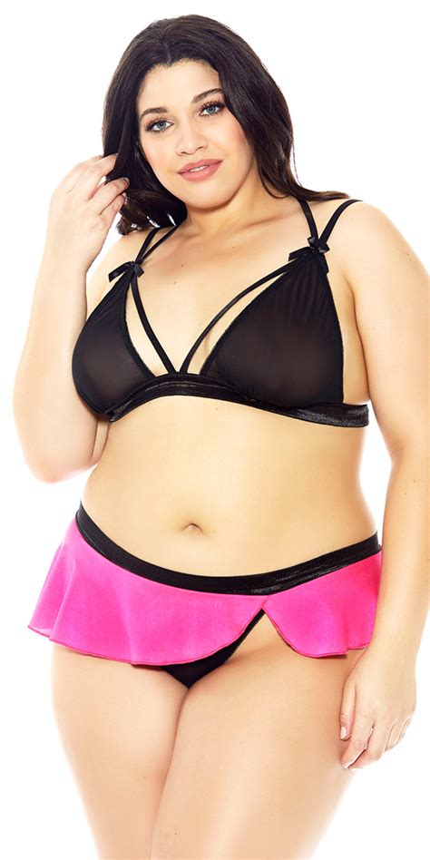 Plus Size Hot Pink And Black Mesh Microfiber Bra Set Womens Intimates