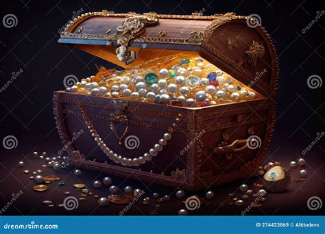 Treasure Chest Overflowing With Pearls Gold Coins And Diamonds Stock