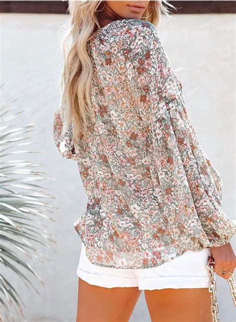 Shewin Women S Casual Boho Floral Print V Neck Long Sleeve Loose