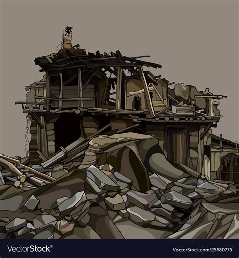 Cartoon Ruins A Wooden House In Stones Royalty Free Vector