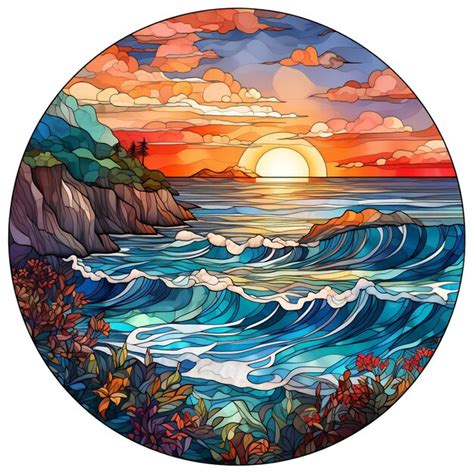 Premium AI Image | a painting of a sunset with a sunset and ocean with ...