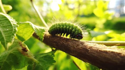 Premium AI Image | A photo of a fuzzy caterpillar green leafy background