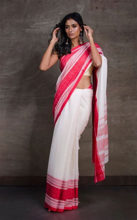 Bengal Handloom Broad Nakshi Border Cotton Saree In Off White And Red